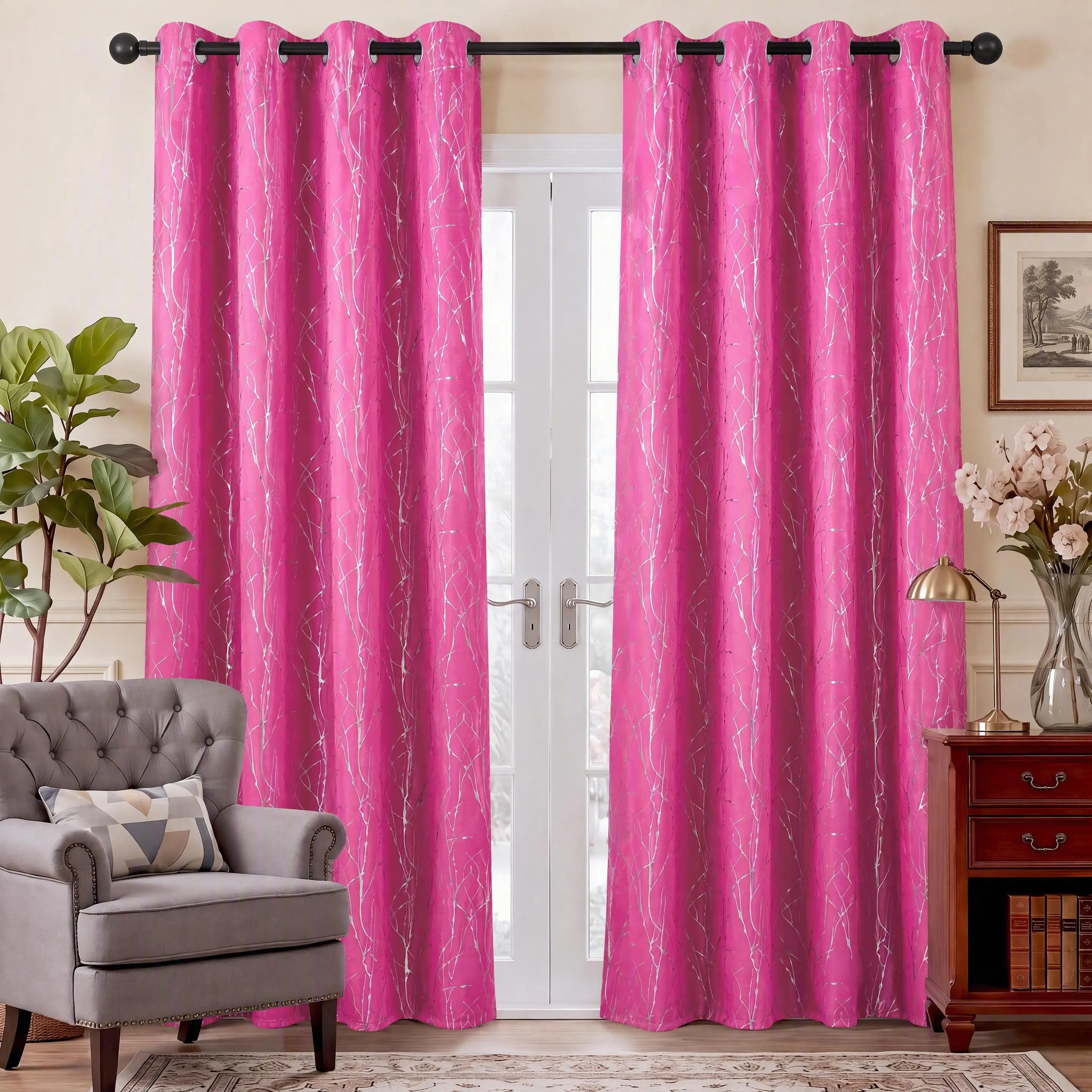 2 Pcs Grommet Curtains, Glue Printed Tree Branch Blackout Thermal Window Treatments for Living Room, Bedroom QF900 Heavy Curtain Room Decor Curtain