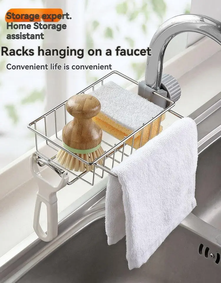 3in1 waterproof steel New Design Stainless Steel Kitchen Faucet Storage Rack Sponge Dishwashing Brush Organizer Adjustable Hanging Internal Drainage Towel Drying Rack Essential for Kitchen & Bathroom bathroom use Display Rack,faucet shelf,drainage rack