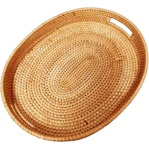 Oval Rattan X-Large Breakfast Severing Tray-17 Wicker Woven  Storage Platters for Fruit,Bread, Drinks,Snacks|Coffee Table Serving Basket Ottoman Tray with Handles and 2.4" Wall(XXL-43cm)