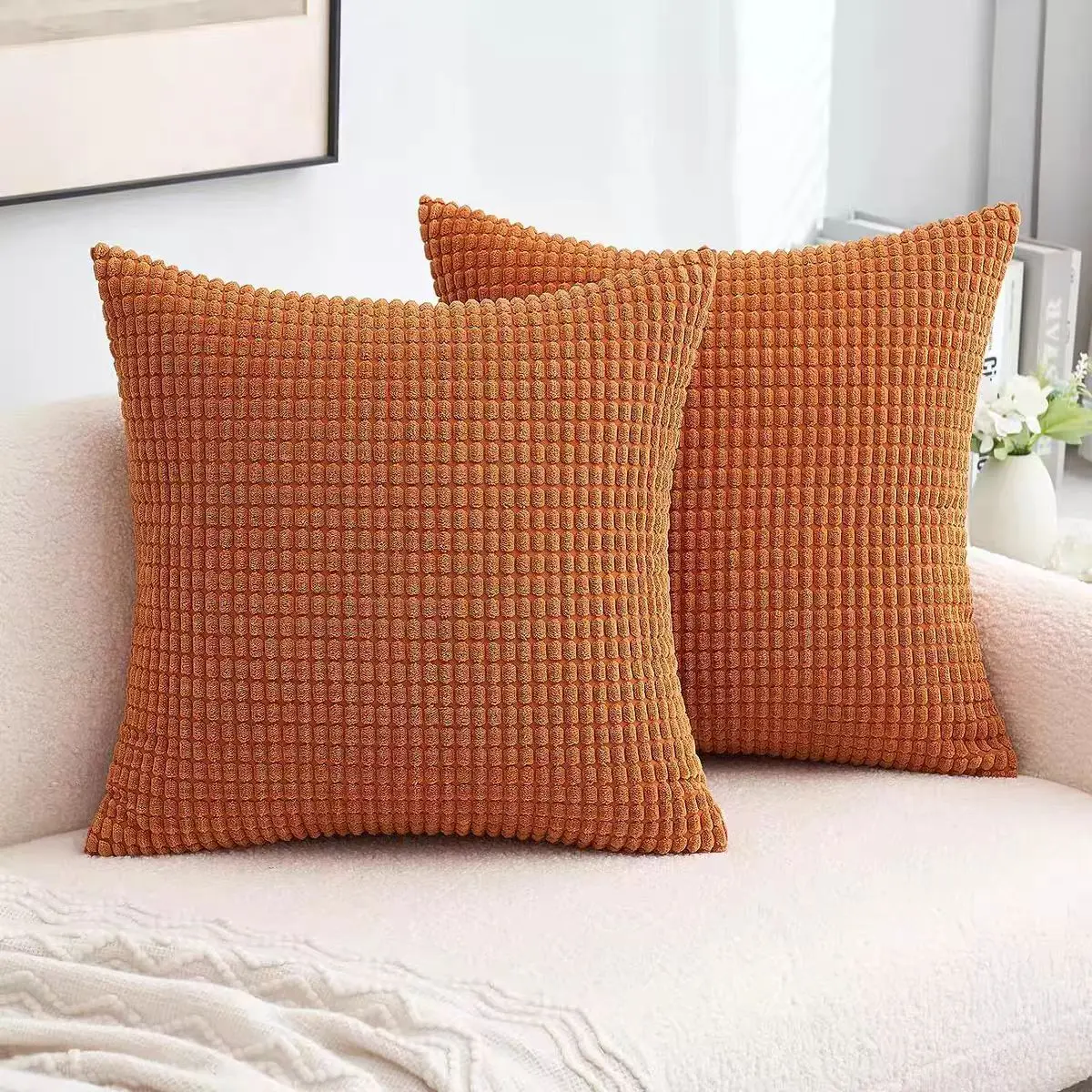 2-Pack 18x18 in Solid Waffle Fabric Corduroy Cushion Covers, Soft Removable Throw Pillow Cases with Hidden Zipper for Couch, Living Room, Bedroom Home Decor, Machine Washable, Living Room Decor, Two Packs