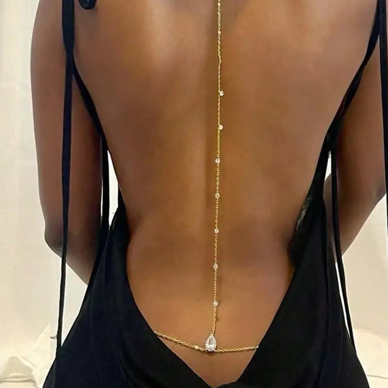 Elegant Bridal Back Chain, European Style Body Jewelry, Luxury Wedding Accessory, Zircon Water Drop Pendant Necklace, Shiny Chain, Body Jewellery