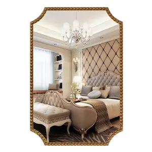 Bathroom Beaded Frame Wall Mirror, 24 “x36” Scalloped Edge Antique Gold Rectangle Mirror, Living Room Decorative Mirror (Horizontal or Vertical)