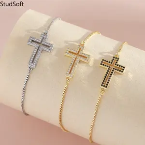 2026 New Hollow Cross Bracelet, Zircon Inlaid Hand Jewelry, Adjustable Gold Tone Box Chain, Minimalist Religious Faith Bracelet for Women & Men, Perfect Gift for Her/Him