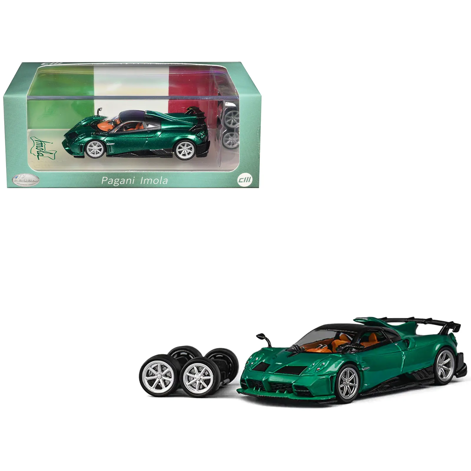 Pagani Imola Emerald Green Metallic with Carbon Top and Extra Wheels 1/64 Diecast Model Car by CM Model