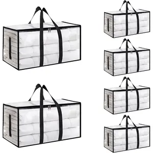 6 Pack-Extra Large Heavy Duty Moving Bags - Waterproof Storage Totes with Handles & Zippers, Foldable for College Dorm, Storage (Clear)
