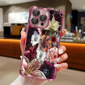 Vintage Gothic Vibe Floral Collage Phone Case,Electroplated Cover with Airbag Shockproof Soft TPU Cover for iPhone X 11 12 13 14 15 16 17 Pro Max Plus Air Lilies