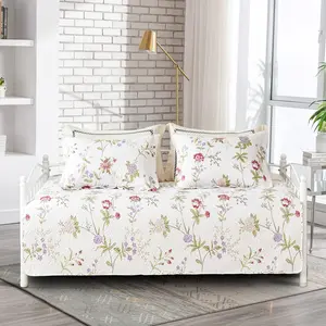 3 Pcs Floral Daybed Cover Set Twin Size Beige Purple Flower Sofa Cover Bedding Sets Double Side Bed Set for All Season Botanical Pattern Daybed Quilt Set with Pillow Shams