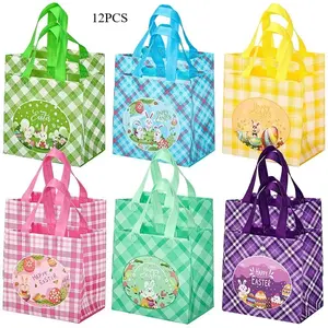 12PCS Easter Egg Hunt Game Tote Bags - Reusable Rabbit Theme Non-woven Bags with Handles, Party Favor Bags and Easter Gathering Supplies