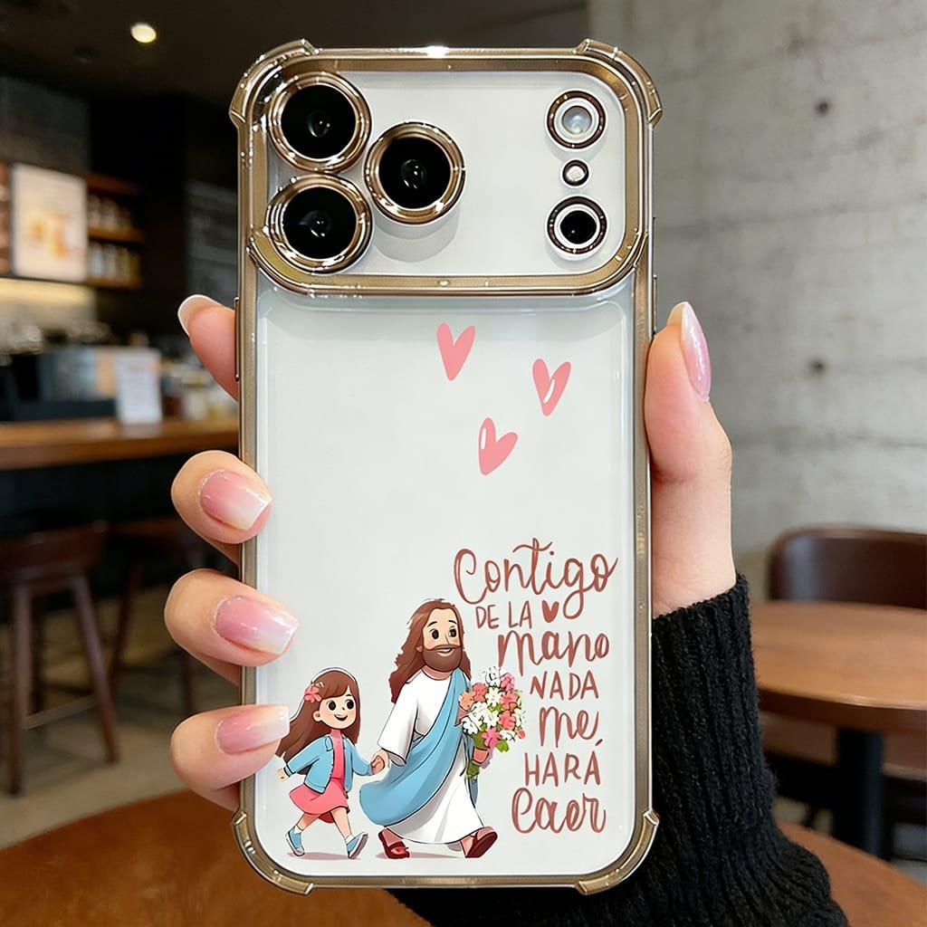 Contigo De La Mano Nada Me Hará Caer Jesus & Girl Phone Case for iPhone 11 12 13 14 15 16 17 Pro Max Plus Air, Christian Faith Rose Gold Clear Shockproof Cover, Religious Gift for Women Girls DDSJ260404012