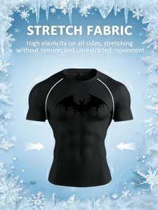 Men's Compression Training Top, Bat Pattern High Elasticity, Short Sleeve Sportswear for Running, Boxing, Gym Workout