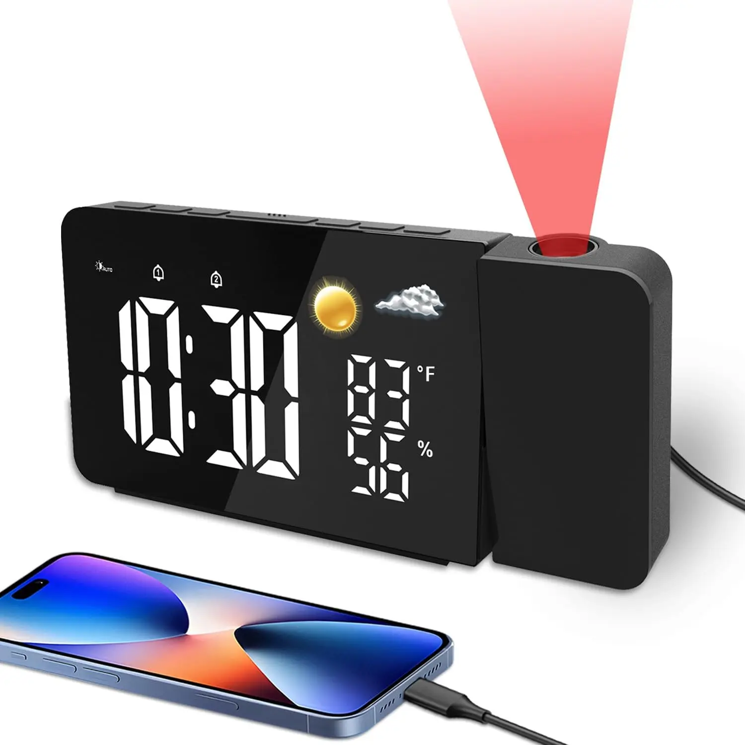 Projection  Clock for Bedroom Ceiling, Digital Clock with 180? Rotatable Projector, USB Port, Temperature, Humidity,  Backup, Super Loud for Heavy Sleepers, , eldly