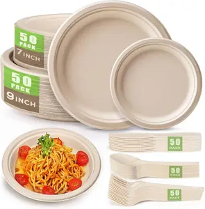 250Pcs Disposable Paper Plates Set, Compostable Plate Sugarcane Utensils Eco Friendly Dinnerware Kit Includes 50 Biodegradable Plates, Forks, Knives and Spoons for Brithday Party Camping