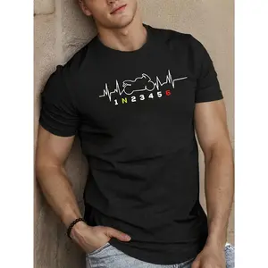Men's Motorcycle Themed Short Sleeve T-Shirt with Heartbeat & Speed Graphics Casual Summer Round Neck Top for Enthusiasts Machine Washable Tee
