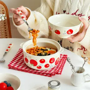 Cute Cartoon Tomato Pattern Noodle Bowl Set, Ceramic Dual Bowls Combo, Microwave & Dishwasher Safe, Perfect for Home, Restaurant, Christmas Gift