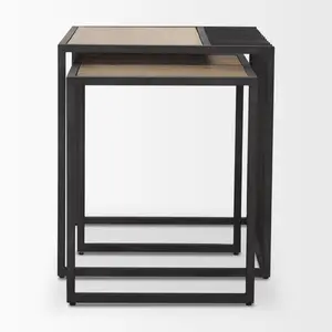 HomeRoots Set of 2 Natural & Black Solid Wood-Metal Square Sled Nested Tables, Multi-Use Sofa Side, Modern Accent, Wood Entryway Option, Sofa Side Table, Modern Accent Tables