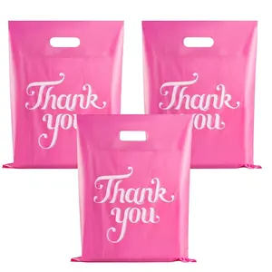 100 Pcs Pink 12x15" Thank You Bags, Shopping Bags for Goodie, Boutique, Retail, Party Gifts, Clothes, Reusable Plastic Bag with handles (Pink)