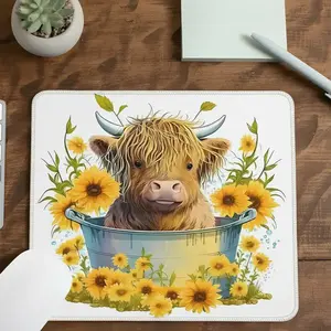 Cute Healing Sunflower Highland Cow Style Square Mouse Pad, Cute Healing Desktop Decoration Protection Pad, Rubber Non-Slip Lock Edge Small Size Pad, Suitable For Laptop Desktop Games Work, Ideal Cute Healing Gift For Family And Friends