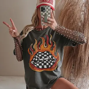 Checkered Flame Lips, Western Country women Graphic Tee, rodeo outfits for women, western outfits women,4