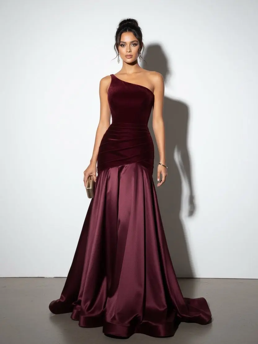 FEHAUTE Prom Evening Gown Formal Wedding Guest Dresses One Shoulder Velvet Satin Ruched Split Joint Maxi A-Line Sleeveless Party Gown One Shoulder Velvet Dress Elegant Ruched Split Joint Satin Gown A-Line Back Zip Formal Dress