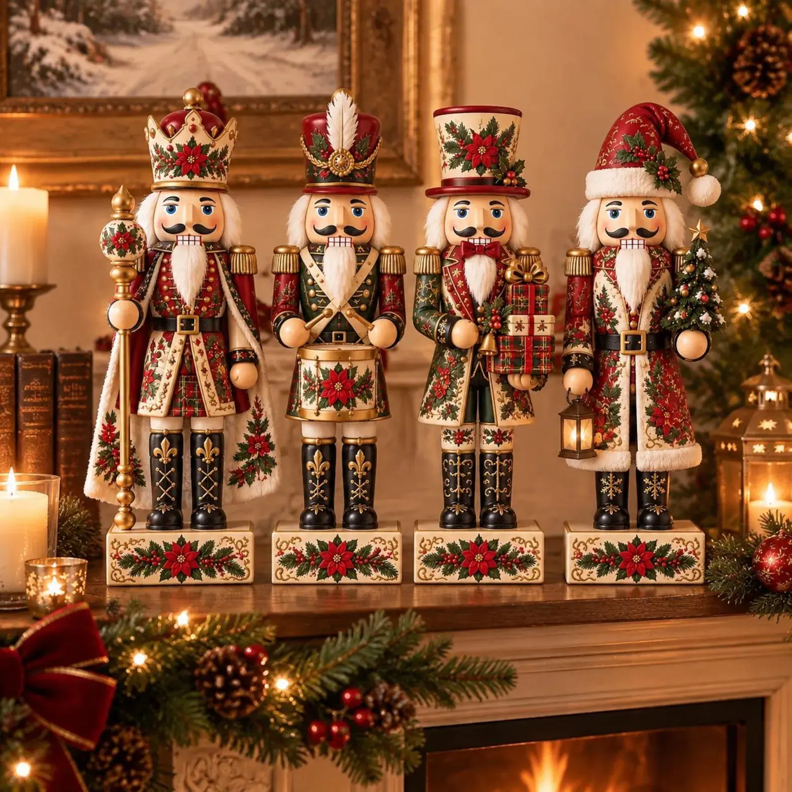 Victorian Nutcracker Wooden Block Set, Classic Christmas Decor, Nutcracker Figurine Set, Holiday Mantel Shelf Decoration
