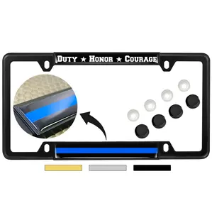 Duty Honor Courage Thin Blue Line Support Law Enforcement - Domed Custom-Made Personalized Narrow (Thin) Top 4 Hole Metal Car License Plate Frame with Free caps