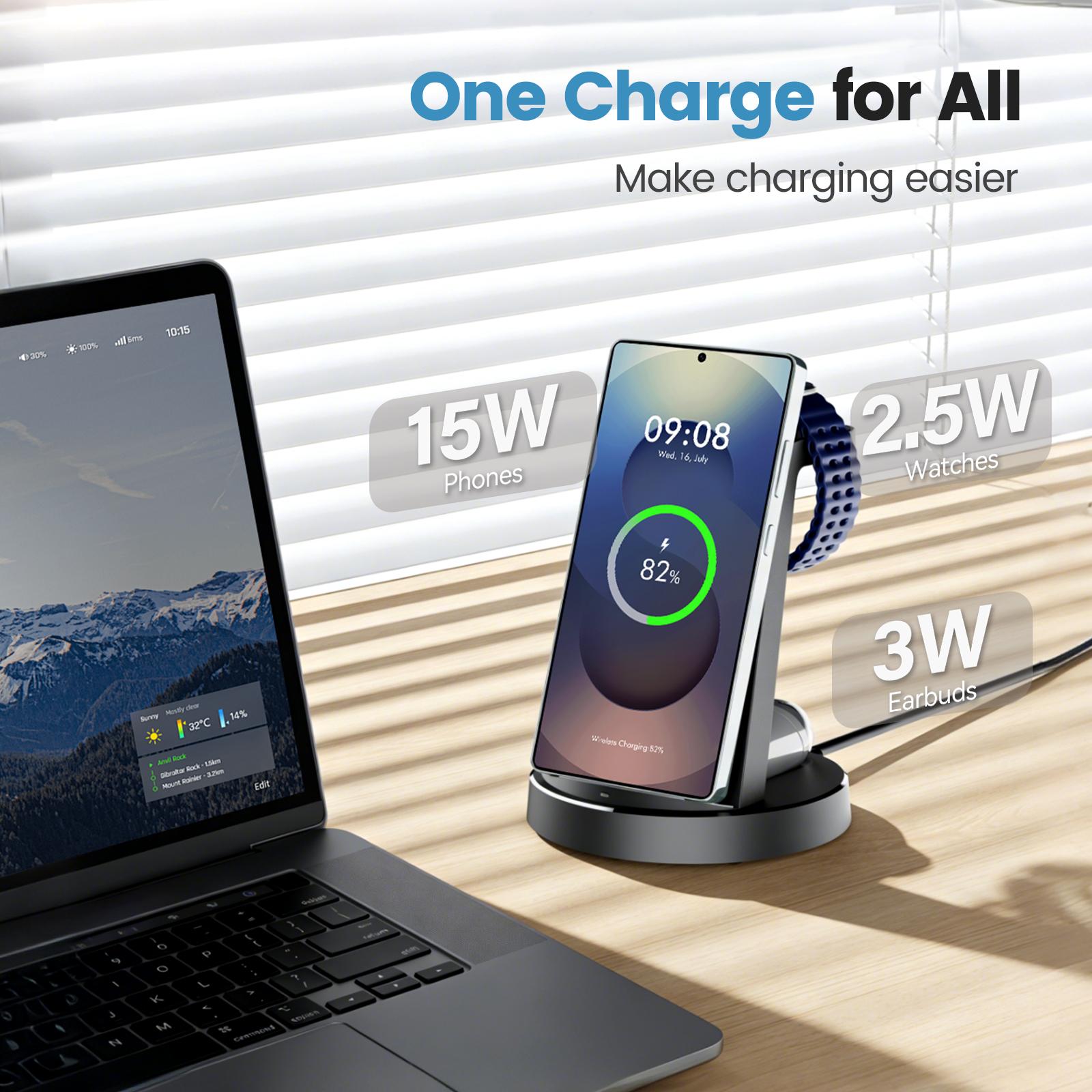 3 in 1 Wireless Charging Station for iPhone, 15W Wireless Charger for iPhone 17 16e 16 15 14 13 12 11 X Pro Max & Apple Watch - Wireless Charging Station for AirPods 4 3 Pro