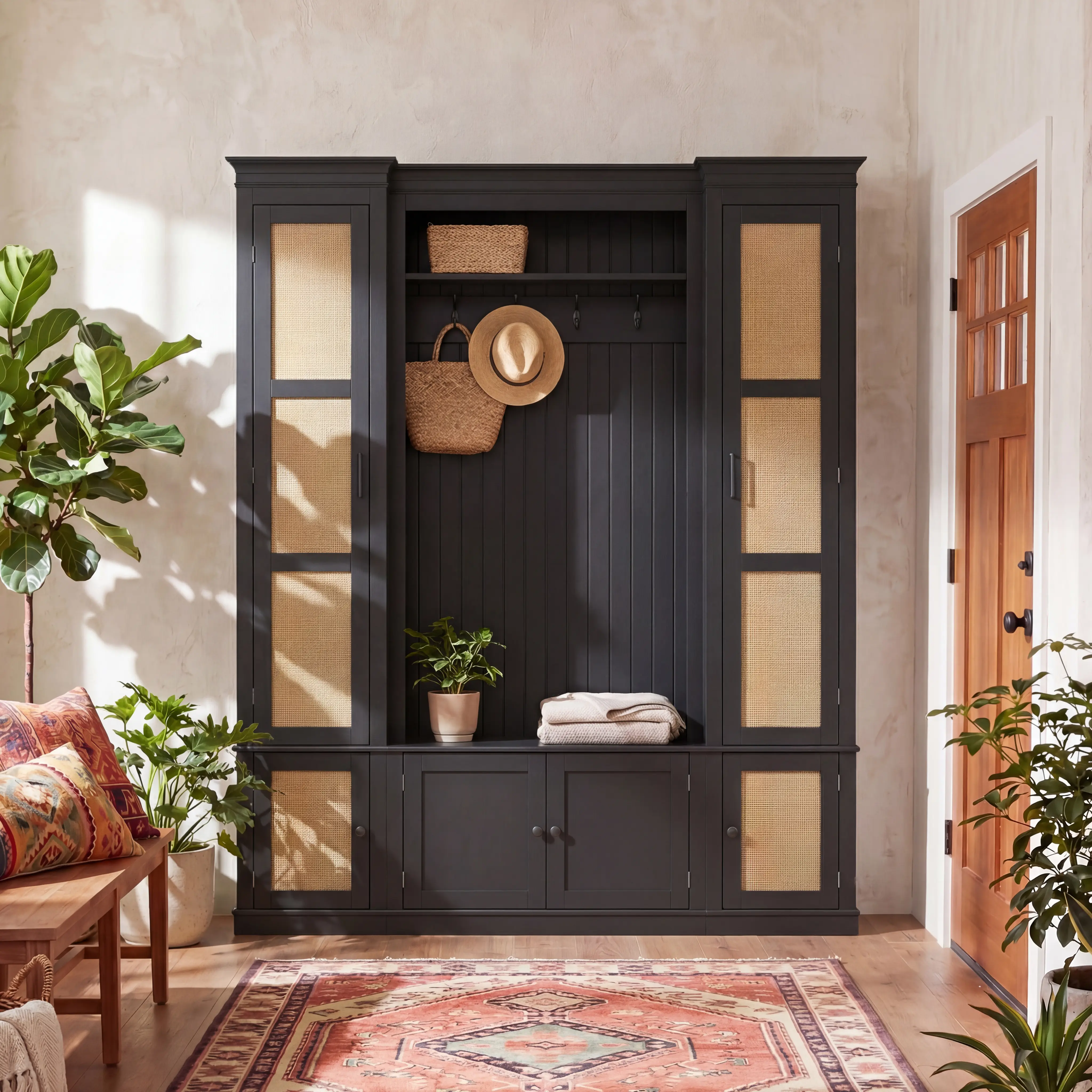 FUFU&GAGA Black Entryway Hall Tree with Rattan Doors, 77" Tall Mudroom Storage Cabinet with Bench & Hooks