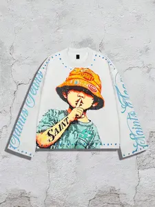 Trendy Graffiti Long Sleeve T-Shirt, Cartoon Kid Print, Unique Streetwear Essential, Loose-Fitting, Spring & Fall Fashion