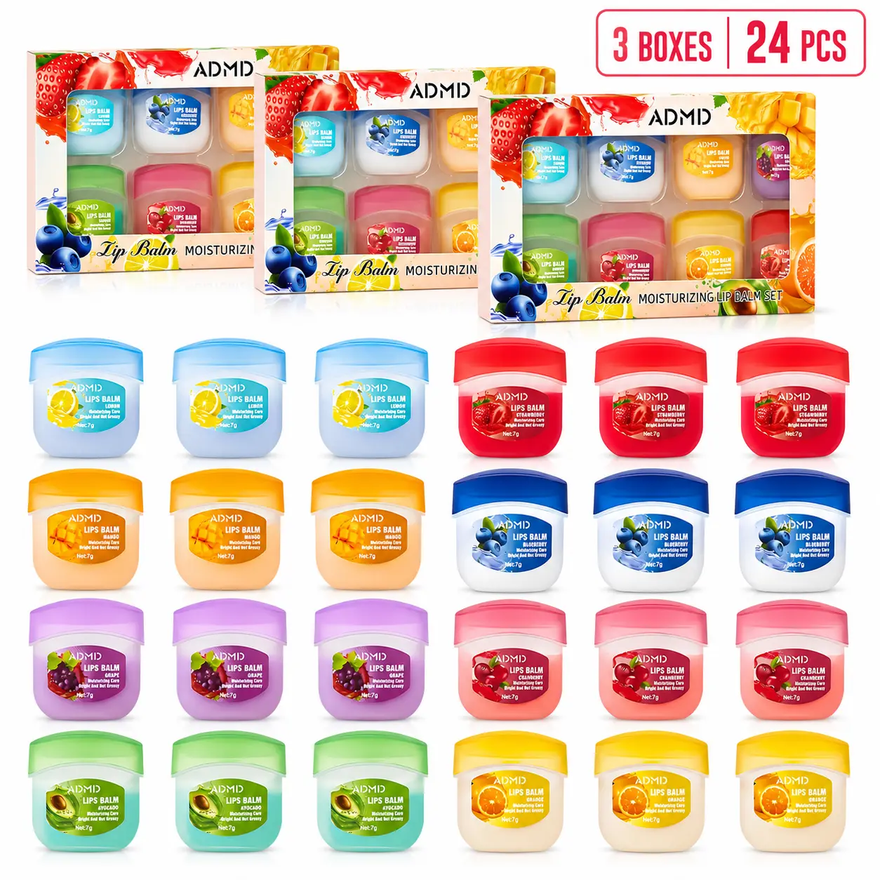 EGFSK 24-Pack Fruit Flavored Mini Lip Balm Gift Sets, 3 Boxes with 8 Fruity Flavors, Moisturizing Lightweight Non-Greasy Care for Dry-Feeling Lips, Portable for Home & Travel, Mini Gift Sets