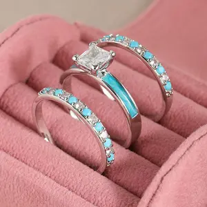 Luxury Metal Set Square Zircon Rings Hand Set Green Stone Engagement Wedding Jewelry 3 Pcs Set
