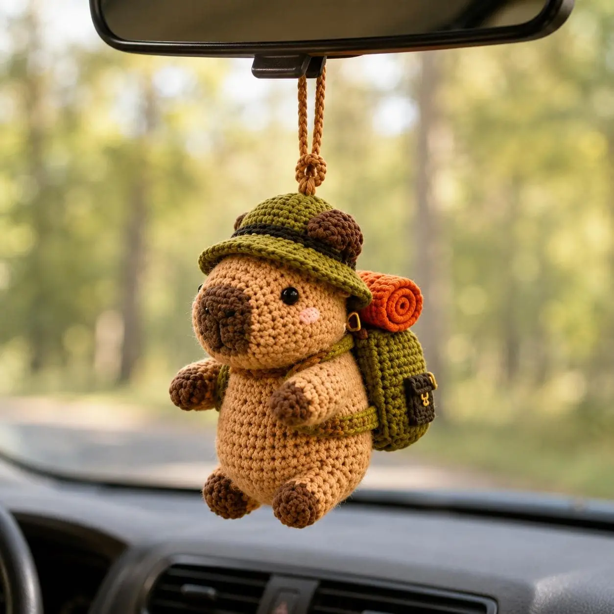 Crochet Camping Capybara Car Hanging, Amigurumi Hiker Animal Rearview Mirror Charm, Backpack Keychain Plush, Nature Lover Gift, Hiker Gift