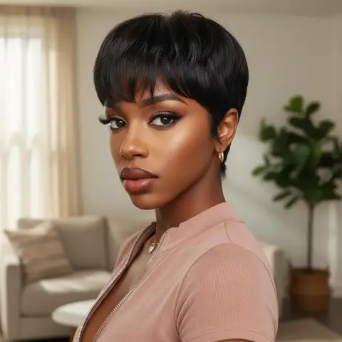 OYM HAIR Short Pixie Wigs for Black Women Natural Straight Style Layered Hair with Bangs Color 1B 4.5 inch Effortless Elegance Daily Party Use