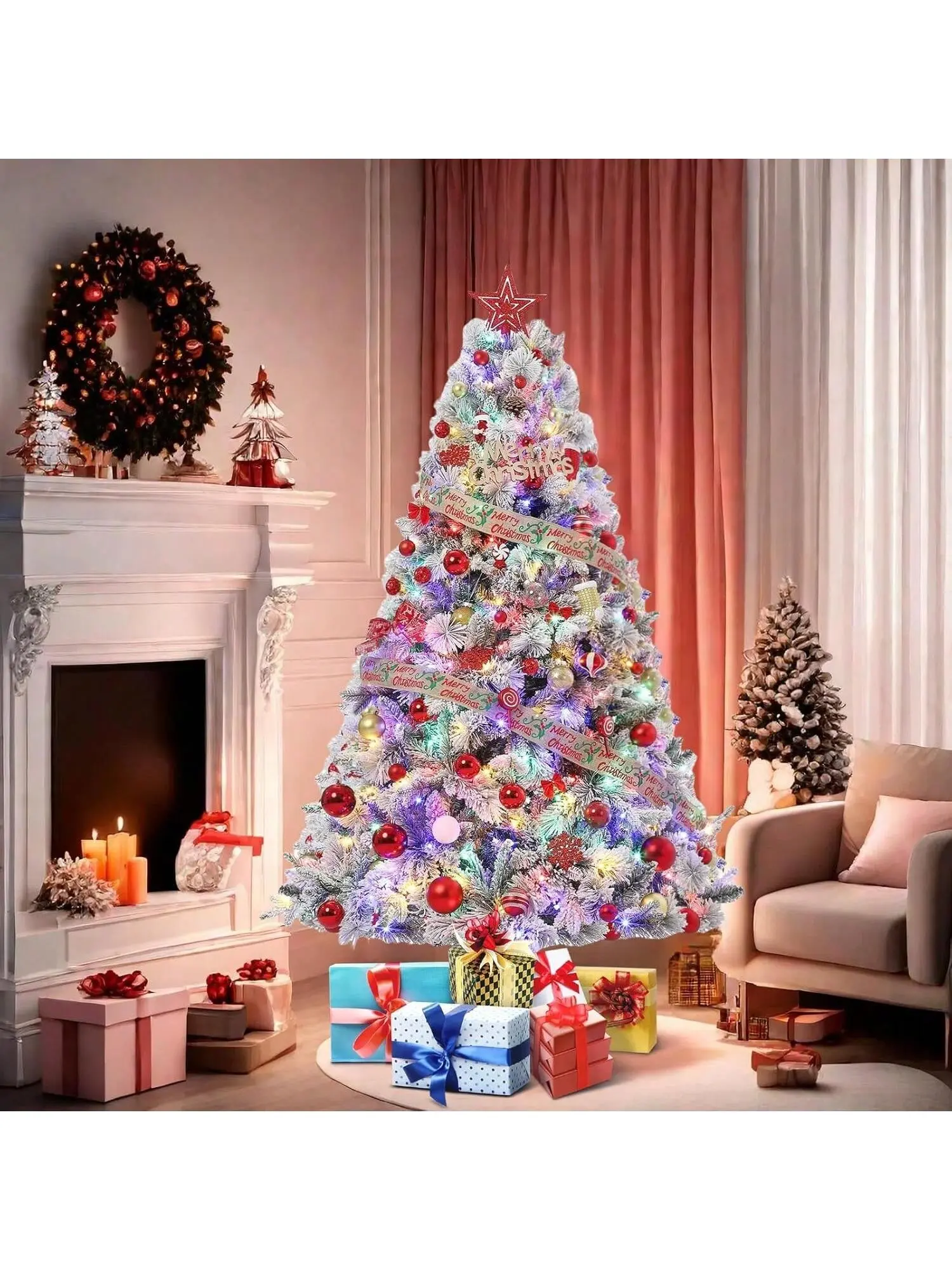 【Christmas Gift】6 Ft Pre-Lit Christmas Tree With Lights, Light Up Artificial Xmas Tree Hinged Pine Tree With Led Lights & Realistic Branches Tips & Metal Stand For Home, Office, Party Decoration Faux Magical Multicolor Ornaments
