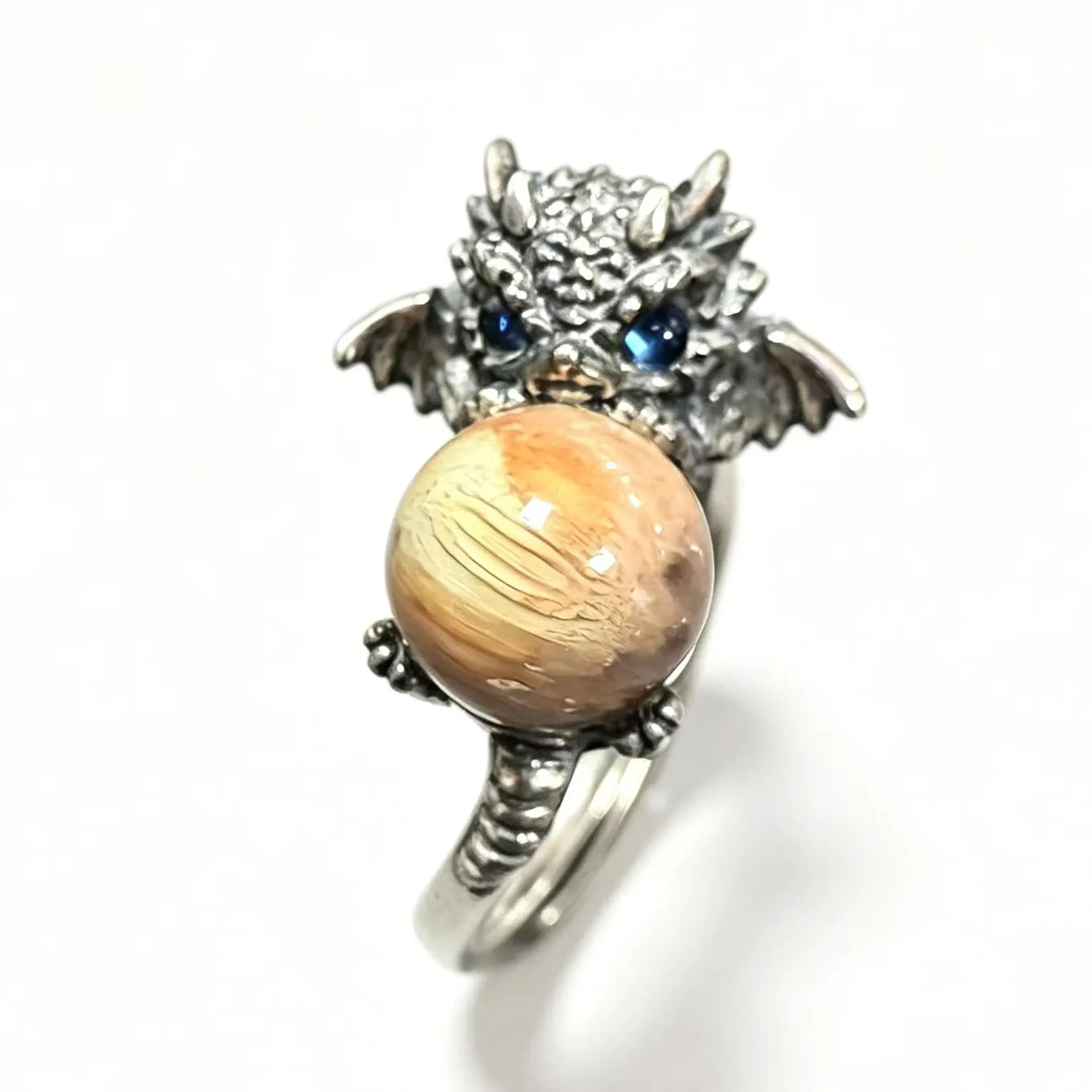 925 Sterling Silver Dragon Ring with Natural Garden Quartz | Adjustable Statement Band