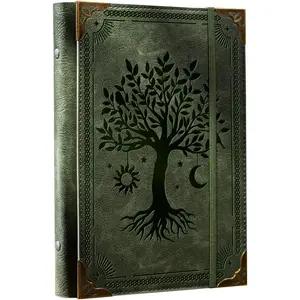 PU Leather A5 Binder 6 Ring Refillable Journal Cover No Refill Paper A5 Planner Binder Loose Leaf Binder for Notebook 5.7"x8.3" with Elastic Closure, Green Tree