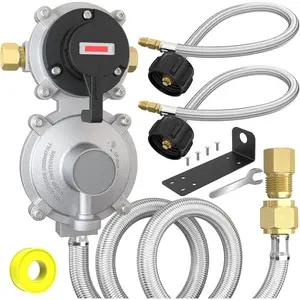 2-Stage Changeover LP Propane Gas Regulator with Two 18" RV Pigtail Propane&4ft Outlet Propane hose,Braided QCC1 1/4" Inverted Male Flare Propane LP Gas Regulator for RV Camper Trailer