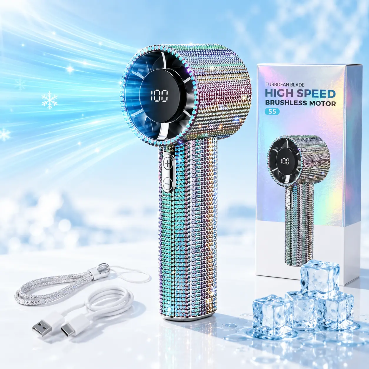 Diamond Handheld Fan, Portable Mini Fan with Digital Display, Adjustable Speed Rechargeable Personal Fan for Travel, Makeup, Outdoor, Women's Gifts Usb cooling ice-cooling function