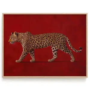 Red Leopard Oil Painting Framed Poster Old Money Wall Art Burgundy Vintage Artwork Maximalist Print Luxe Masculine Room Decor
