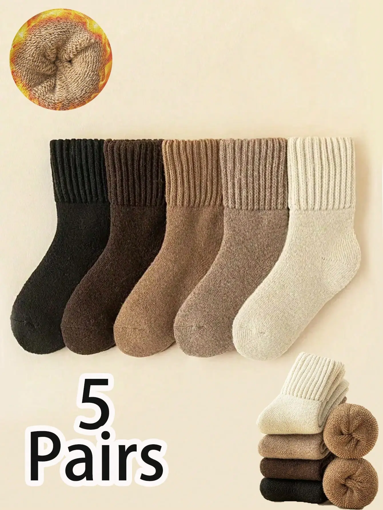 Women's Winter Crew Socks, 5 Pairs Warm Thick Knit Soft Vintage Fuzzy Look Wool Socks for Everyday Wear