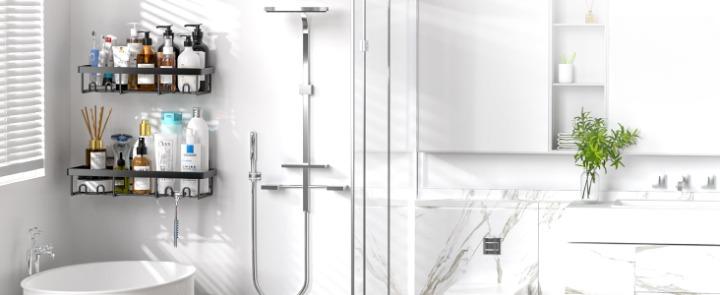 Shower Caddy Shelf Organizer Rack, Self Adhesive Black Bathroom Shelves Basket, Home Farmhouse Wall Inside Organization and Storage Decor Rv Accessories, First Camper Apartment Essentials