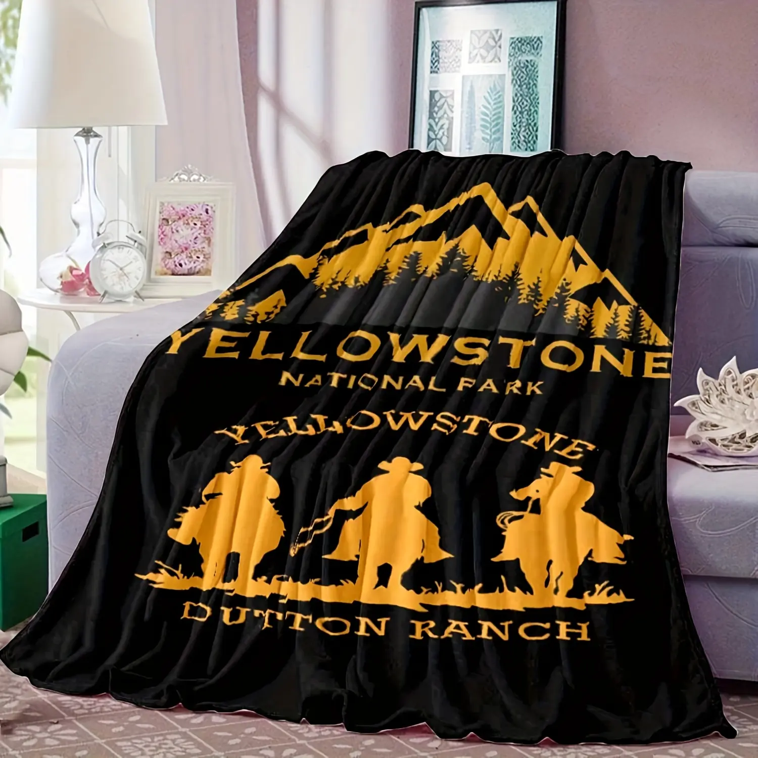 Yellowstone National Park Retro Vintage Printed Denim Blanket - 280GSM, Soft, Comfortable, Wrinkle Resistant, Durable, Fade Resistant, Machine Wash, Portable All Seasons Vehicle Camping Blanket, Ideal Gift for Family