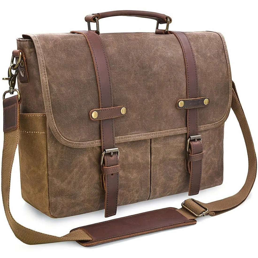 RAINSMORE Mens Messenger Bag 15.6 Inch Vintage Waxed Canvas Briefcase Large Computer Laptop Bag Rugged Satchel Shoulder Bag, Brown