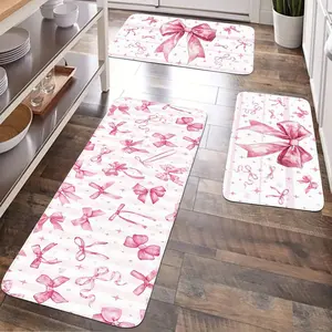 JIT 2/3 pieces pink bow pattern flannel decorative carpet for kitchen carpet set, flannel bedside set floor mat, slip-resistant washable bedside soft carpet, suitable for kitchen and laundry room carpet, kitchen rugs sets, Home Decor Rugs
