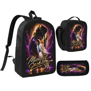 3-Piece Backpack Set, Michael Jackson Themed School Bookbag for Teen Music Fans with Lunch Bag & Pencil Case, Casual Travel Daypack