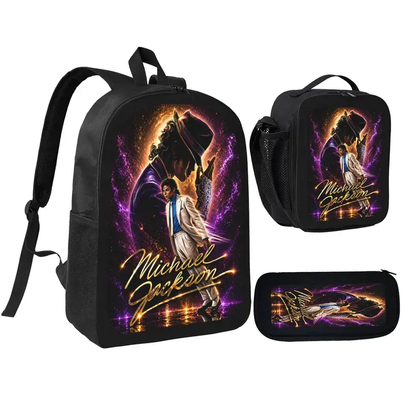 3-Piece Backpack Set, Michael Jackson Themed School Bookbag for Teen Music Fans with Lunch Bag & Pencil Case, Casual Travel Daypack