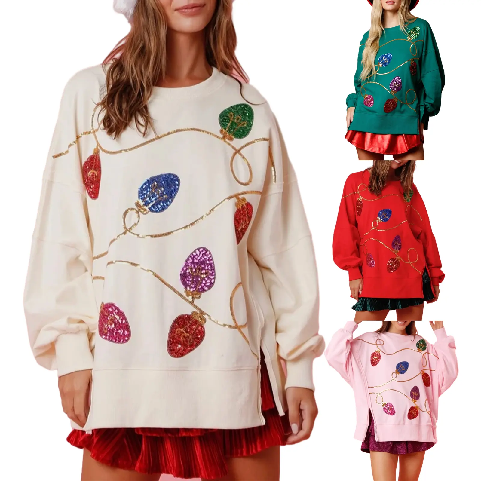 Women's Cute Polyester Christmas Hoodie - Lady's Long-Sleeve Round Neck Sequined Slit Pullover Top for Casual Daily, Spring & Fall Outdoor Outfits