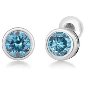 Gem Stone King 14K White Gold Blue Lab Grown Diamond Stud Earrings for Women | 1.00 Cttw | Gemstone April Birthstone | Round 5MM