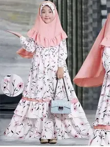Girls Muslim Dress, Middle Eastern Ramadan Dress, Long Sleeve Round Neck Dress + Headscarf, Two-Piece Set, Spring Autumn Kids Clothes, Hijabs