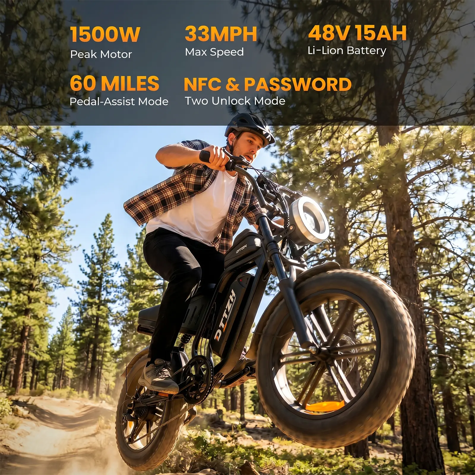 【DTTZH】F6 All-Terrain Electric Bike - 1500W Peak Motor, 33 mph Max Speed, 40-60 mi Range, 48V 15AH Removable Battery, Dual Suspension, Fat Tires, LED Headlights, 12 Months Support, for Off-Road & City Adventures