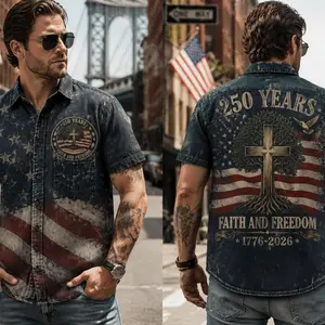 Vintage Patriotic 250 Years Faith & Freedom Shirt, Men’s American Flag Cross Tee, Distressed Navy Button-Up, Independence Day, Polyester